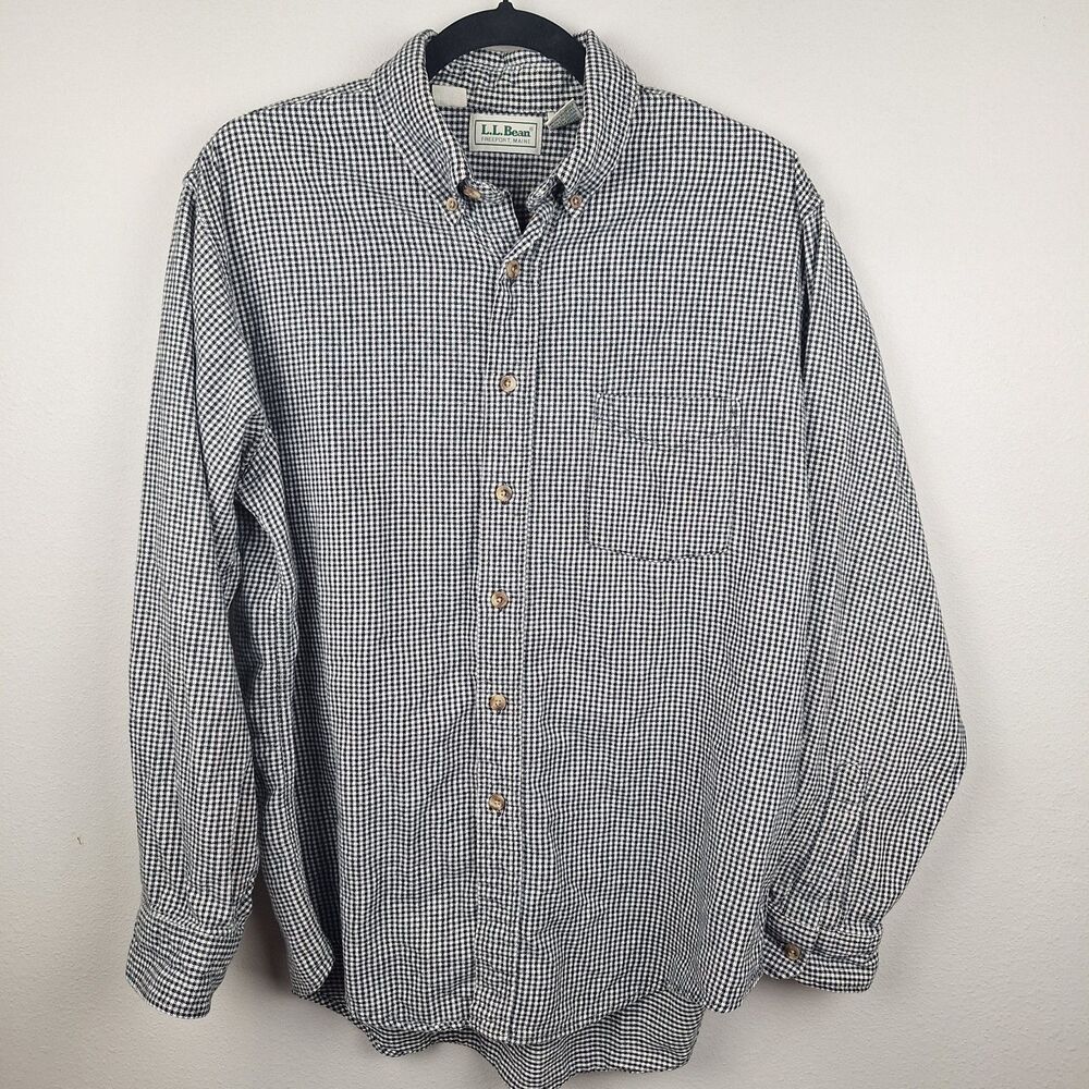 VTG LL Bean Men Sz L Flannel Shirt Button Down Black White Check 100% Cotton 90s